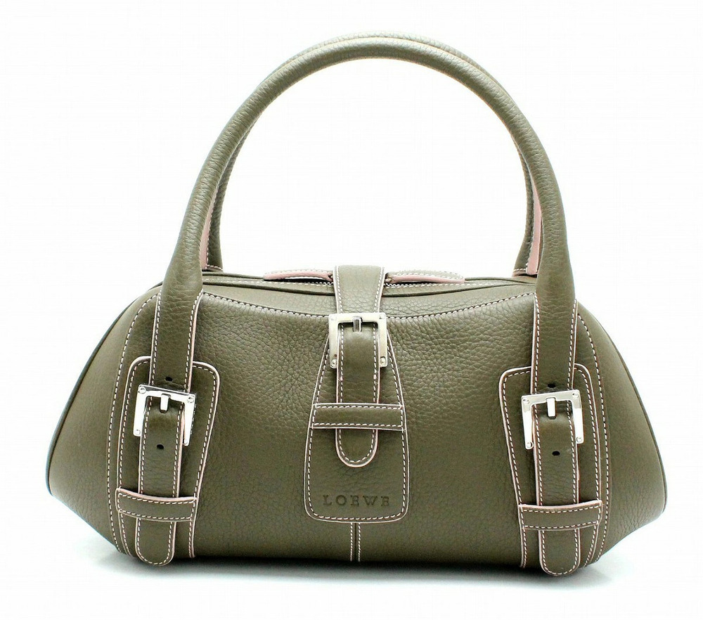 Loewe Senda Leather Handbag Boston Khaki Green Pink Stitch